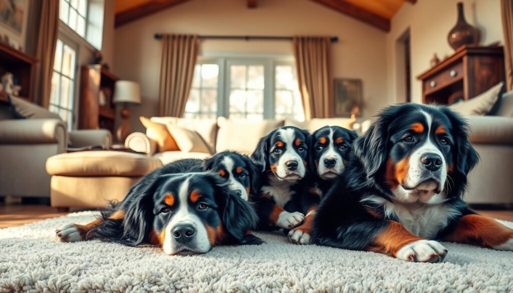 A family of gentle giant Bernese Mountain Dogs relaxing in a cozy, well-lit living room. In the foreground, a large male dog lies peacefully on a plush rug, his friendly eyes and soft expression conveying a sense of calm and affection. Beside him, a female dog and her two puppies snuggle together, their fluffy, tri-colored coats creating a harmonious palette. The middle ground features tasteful, natural-toned furniture and decor, lending an air of comfortable domesticity. The background showcases large windows, allowing warm, diffused sunlight to pour in, illuminating the scene with a gentle, inviting glow. The overall atmosphere is one of tranquility, warmth, and the deep bond between these majestic canines and their loving family.