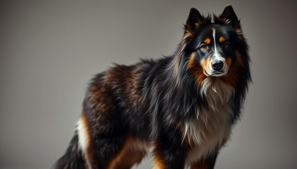 A fluffy, double-coated husky-bernese mountain dog mix, captured in a classic studio portrait. The subject stands prominently in the foreground, its dense, layered fur shimmering under soft, diffused lighting. Subtle shadows accentuate the depth and volume of the coat, revealing intricate patterns and textures. The middle ground features a simple, neutral backdrop, allowing the dog's features to take center stage. The lighting is carefully balanced, creating a warm, inviting atmosphere that showcases the mix's distinctive look - a harmonious blend of husky elegance and bernese mountain dog majesty. Crisp, high-resolution details capture every wisp and wavelet of the captivating, multi-toned coat.