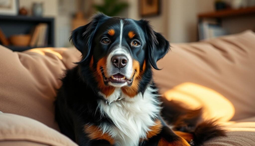 A friendly Bernese Mountain Dog and Black Lab mix sitting on a plush, family-friendly living room couch, basking in warm, soft lighting. The dog's expression is gentle and attentive, radiating a calm, affectionate temperament. The background features cozy, neutral-toned decor, creating a welcoming, inviting atmosphere. The dog's thick, lustrous coat and relaxed posture suggest a well-cared-for, loyal companion. The scene conveys a sense of domestic tranquility and the dog's suitability as a family pet.