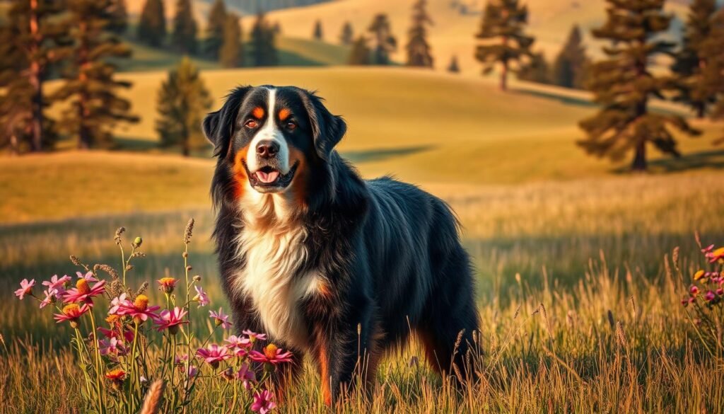 A gentle giant Bernese mountain dog stands majestically in a lush, verdant meadow, its thick, silky fur glowing in the warm, soft light of the afternoon sun. The dog's kind, intelligent eyes and friendly expression convey a sense of calm reassurance. In the middle ground, vibrant wildflowers sway gently in a light breeze, creating a serene, pastoral atmosphere. The background features rolling hills dotted with tall, stately pine trees, their branches casting delicate shadows across the tranquil scene. The overall composition evokes a sense of peace, harmony, and the natural beauty of the Bernese mountain dog breed.