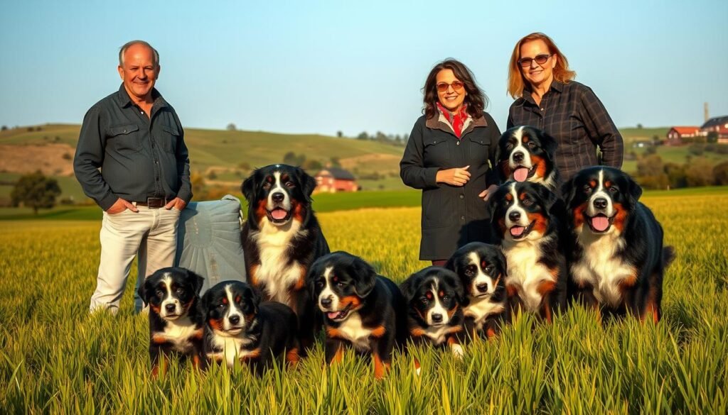 A group of experienced Bernese Mountain Dog breeders, standing in a lush, verdant field. The foreground features three individuals - a man and two women - dressed in casual, comfortable attire, radiating an aura of expertise and dedication. Their expressions convey a sense of pride and joy as they interact with the dogs. In the middle ground, several Bernese Mountain Dog puppies frolic playfully, their fluffy coats and wagging tails capturing the essence of the breed. The background showcases a picturesque rural landscape, with rolling hills, a distant farmhouse, and a clear, blue sky. The lighting is soft and natural, casting a warm, golden glow over the entire scene. The overall atmosphere conveys a sense of tranquility, expertise, and the deep connection between the breeders and their beloved Bernese Mountain Dog companions.