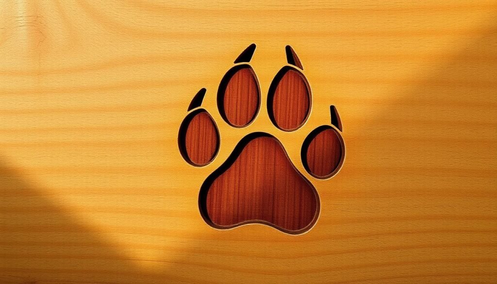 A handcrafted Bernese mountain dog paw print, delicately etched into a rustic wooden surface. The print is rendered in a warm, earthy palette, with subtle variations in the grain and texture of the wood adding depth and character. Soft, directional lighting from the side casts gentle shadows, accentuating the tactile, three-dimensional quality of the design. The overall composition has a tranquil, artisanal feel, capturing the essence of handmade, bespoke craftsmanship.