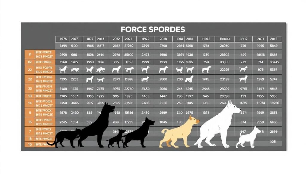 A highly detailed, scientifically accurate comparative chart showcasing the bite force measurements of various dog breeds, set against a clean, minimalist background. The chart is presented in a sleek, modern layout with precise numerical data and iconic breed silhouettes arranged in a clear, easy-to-understand format. Crisp, evenly distributed studio lighting accentuates the technical precision of the information, while a muted color palette and subtle shadows create a sense of authority and professionalism. The overall tone is educational, informative, and visually compelling, designed to effectively illustrate the differences in bite force capabilities across the canine spectrum.