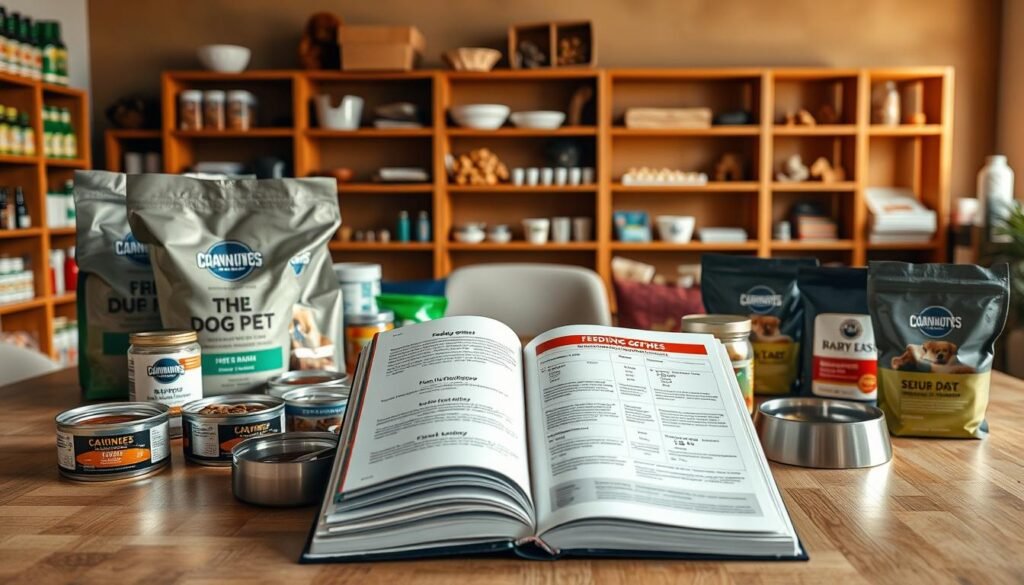 A large, expansive table set against a warm, softly lit backdrop, showcasing various dog food packages, bowls, and nutritional information. In the foreground, a selection of high-quality kibble, wet food cans, and supplements, neatly arranged to highlight their ingredients and benefits. The middle ground features a glossy, hardcover book open to pages detailing feeding guidelines and portion sizes for different life stages and activity levels of large breed dogs. The background is a cozy, inviting room with wooden shelves displaying other pet care items, creating a cohesive, educational atmosphere. The lighting is natural and gentle, accentuating the colors and textures of the scene.