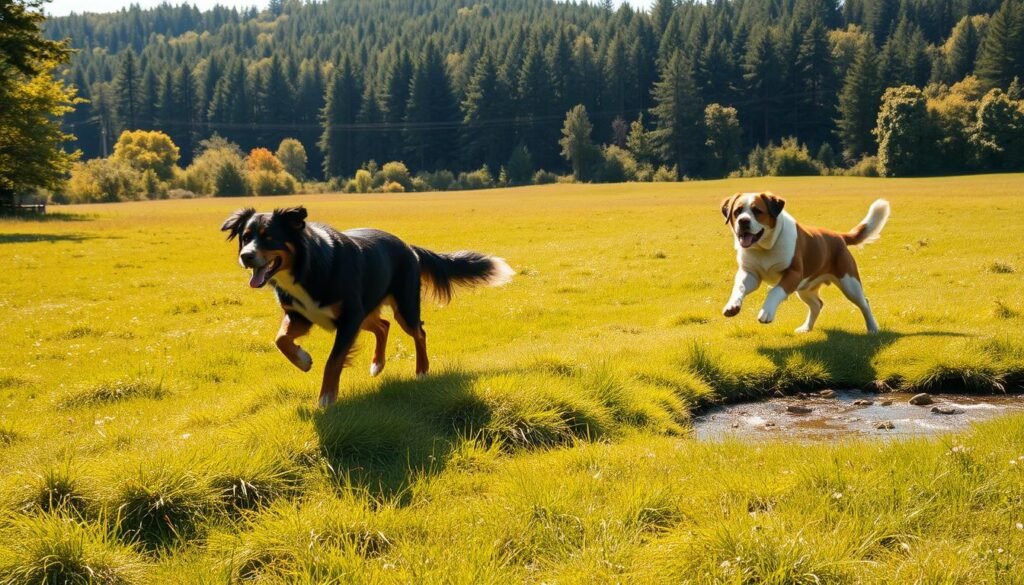 A large, lush meadow on a sun-dappled summer day. In the foreground, a Bernese Mountain Dog and a Saint Bernard playfully chase each other, their thick coats glistening. In the middle ground, the dogs bound over small hills and streams, showcasing their robust, muscular builds and boundless energy. In the distance, a dense forest frames the scene, hinting at the ample space these breeds require. Soft, warm lighting filters through the trees, creating a serene, inviting atmosphere. The overall composition conveys the active, outdoor-loving lifestyle needed to keep these majestic, large-breed dogs healthy and content.