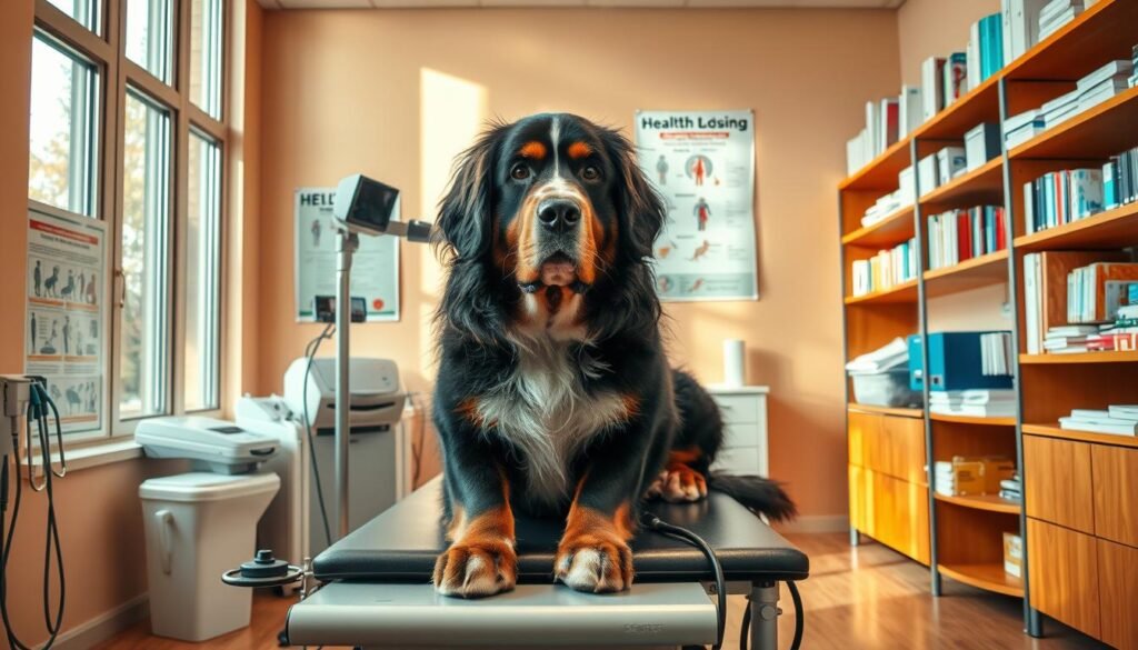 A large, well-equipped veterinary examination room, bathed in warm, natural lighting from tall windows. In the foreground, a Newfoundland Bernese Mountain Dog mix patiently sits on an exam table, undergoing a thorough health screening by a caring veterinarian. Delicate medical instruments and diagnostic equipment are neatly arranged, hinting at the comprehensive nature of the checkup. The middle ground showcases informative posters outlining common health concerns and preventative measures for this majestic breed. In the background, shelves brimming with veterinary references and supplies convey a sense of expertise and dedication to canine wellbeing.