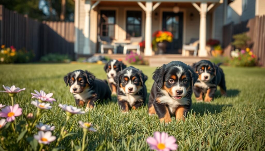 A lush green backyard in Dallas, Texas, with a wooden fence and blooming flowers in the foreground. In the middle ground, a group of playful Bernese Mountain Dog puppies explore their outdoor environment, their fluffy black, white, and tan coats glistening in the warm sunlight. In the background, a cozy family home with a welcoming porch sets the scene for this idyllic puppy litter. The image conveys a sense of warmth, comfort, and the joy of these available Bernese puppies ready to find their forever homes in the Dallas area.