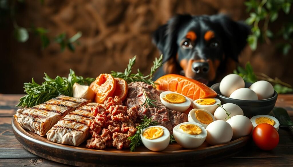A lush, natural setting with a variety of high-quality protein sources for large dogs, such as a platter of grilled chicken breasts, lean ground beef, baked salmon fillets, and hard-boiled eggs. The lighting is warm and natural, casting a soft glow on the scene. The arrangement is stylish and appetizing, highlighting the nutritional value and muscle-building properties of these whole, unprocessed foods. The background features a blurred, earthy texture, emphasizing the healthy, organic nature of the ingredients. The overall mood is one of nourishment and vitality, showcasing the ideal diet for a thriving Bernese Mountain Dog.