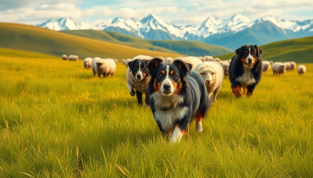 A lush, rolling meadow with a herd of herding dogs at work, their keen eyes and nimble movements guiding a flock of sheep through the verdant landscape. In the foreground, a Pembroke Welsh Corgi, its pointed ears alert, as it deftly maneuvers the sheep, drawing on centuries of herding heritage. In the middle ground, a Bernese Mountain Dog, its thick, tri-colored coat shimmering in the warm, golden light, lending its strength and agility to the task at hand. In the distance, the majestic silhouettes of snow-capped mountains provide a breathtaking backdrop, hinting at the rugged origins of these remarkable breeds. The scene exudes a timeless, pastoral charm, capturing the rich history and enduring legacy of herding dogs.