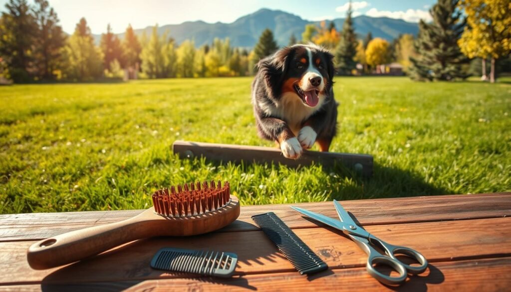 A lush, verdant backyard with a Bernese Mountain Dog enthusiastically bounding through the grass, its thick, fluffy coat glistening in the warm afternoon sunlight. In the foreground, grooming tools - a sturdy brush, metal comb, and scissors - are neatly arranged on a wooden bench, ready to tame the dog's magnificent fur. The middle ground showcases the dog playfully leaping over a low obstacle, its powerful muscles rippling beneath its coat. In the background, a majestic mountain range rises, providing a picturesque setting for this active, outdoor scene. The overall mood is one of peaceful, serene contentment as the Bernese Mountain Dog enjoys its exercise and grooming routine in this idyllic Colorado landscape.