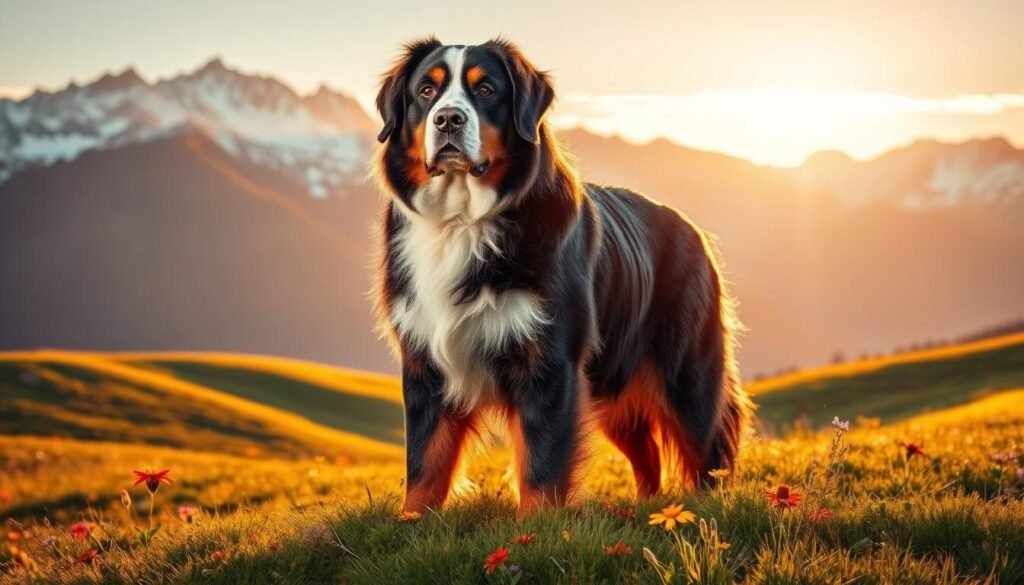 A majestic Bernese Mountain Dog standing tall and proud, its thick, lush coat shimmering in the warm, golden light of a setting sun. The dog's muscular frame and serene gaze exude strength and nobility, while its gentle expression conveys a calm, affectionate demeanor. In the middle ground, a lush, rolling meadow stretches out, dotted with vibrant wildflowers that sway in a gentle breeze. In the background, the snow-capped peaks of the Swiss Alps rise majestically, casting long shadows across the tranquil scene. The overall atmosphere is one of peaceful, breathtaking grandeur, perfectly capturing the essence of this beloved breed.