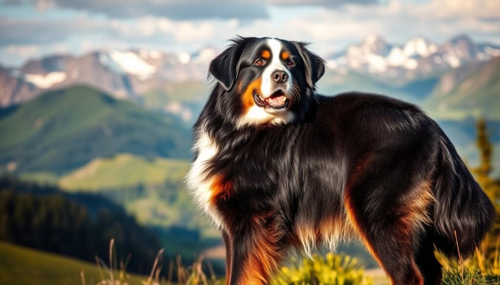 A majestic Bernese Mountain Dog standing tall, its thick, silky fur glistening in the warm natural light. The dog's muscular physique and gentle, friendly expression capture the breed's characteristic blend of strength and affection. In the background, a tranquil mountain landscape unfolds, with lush green meadows and snowcapped peaks in the distance, evoking the breed's alpine origins. The image is shot at a slight angle, highlighting the dog's regal presence and the overall sense of harmony and charm that embodies the Bernese Mountain Dog.
