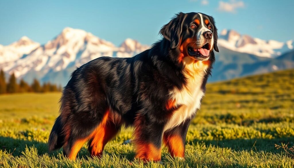 A majestic Bernese Mountain Dog stands proudly in a lush, verdant field, its thick, silky coat shimmering in the warm, golden sunlight. The dog's muscular build and sturdy frame are accentuated by its distinctive black, white, and rust-colored markings, which create a striking, symmetrical pattern. The dog's intelligent, yet gentle gaze captures its loyal and affectionate nature, a hallmark of the breed. In the background, the snow-capped peaks of the Swiss Alps rise majestically, providing a breathtaking backdrop that reflects the breed's origins. The scene conveys the Bernese Mountain Dog's blend of strength, elegance, and unwavering devotion.