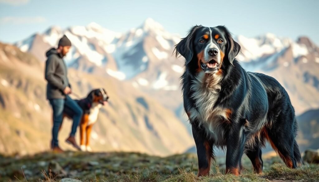 A majestic Greater Swiss Mountain Dog stands confidently in a picturesque alpine landscape. In the foreground, the dog is groomed to perfection, its thick, silky coat glistening in the soft, diffused lighting. In the middle ground, the dog trots alongside its owner, showcasing its powerful, muscular build and effortless agility on the rugged mountain terrain. In the distant background, towering snow-capped peaks rise, creating a breathtaking, serene backdrop that emphasizes the dog's natural habitat. The scene conveys the strength, endurance, and adaptability of the Greater Swiss Mountain Dog breed, highlighting its suitability for both exercise and grooming in the challenging alpine environment.