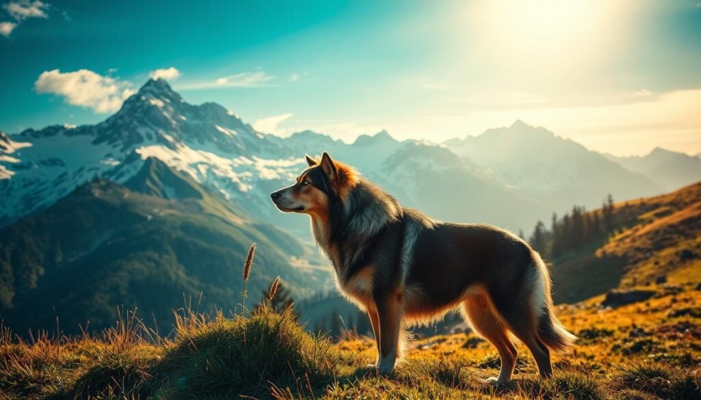 A majestic alpine landscape with snow-capped peaks and lush, verdant meadows. In the foreground, a rugged, hardworking Swiss mountain dog, its thick coat and muscular frame a testament to its heritage as a tireless companion and guardian of the high peaks. The dog stands alert, its gaze fixed on the horizon, embodying the rich history and unwavering spirit of its breed. Warm, golden sunlight filters through the scene, casting a serene and timeless atmosphere. The image captures the enduring legacy of these versatile working dogs, forged in the challenging terrain of the Swiss Alps.