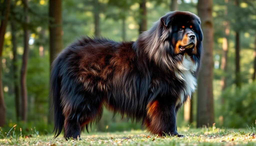 A majestic and fluffy Newfoundland Bernese Mountain Dog mix, standing in a serene forest clearing. The dog's thick, lush coat features a rich blend of black, brown, and white hues, with subtle gradients and patches that create a visually captivating texture. Soft, diffused sunlight filters through the canopy of trees, casting a warm, natural glow on the dog's fur and the surrounding foliage. The dog's muscular, well-proportioned frame and alert, intelligent expression convey a sense of power and grace. The overall composition highlights the breed's distinctive physical characteristics and the beauty of its varied coat colors.
