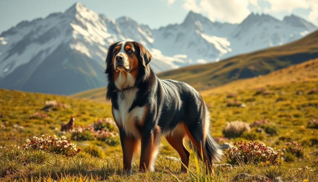 A majestic greater swiss mountain dog stands confidently in a lush, verdant alpine meadow, its thick, glossy coat shimmering in the warm afternoon sunlight. In the background, towering snow-capped peaks rise majestically, creating a breathtaking natural setting. The dog's attentive gaze and alert posture suggest it is undergoing training, its handler nearby guiding it through commands with calm, measured gestures. The scene conveys a sense of harmony, where the powerful yet gentle canine is seamlessly integrated into its family's mountain lifestyle, ready to take on the challenges of the rugged terrain with unwavering loyalty and obedience.