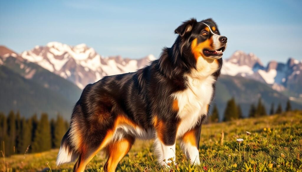 A majestic greater swiss mountain dog stands tall in a lush alpine meadow, its thick, shiny coat gleaming in the warm afternoon sunlight. In the background, snow-capped peaks rise majestically, their rugged beauty contrasting with the verdant foliage. The dog is alert and attentive, its keen eyes scanning the horizon for any signs of activity. A gentle breeze ruffles the dog's fur, and a few wildflowers sway gently at its feet. The scene conveys a sense of tranquility and harmony, reflecting the seasonal adaptations and active lifestyle of this hardy breed.