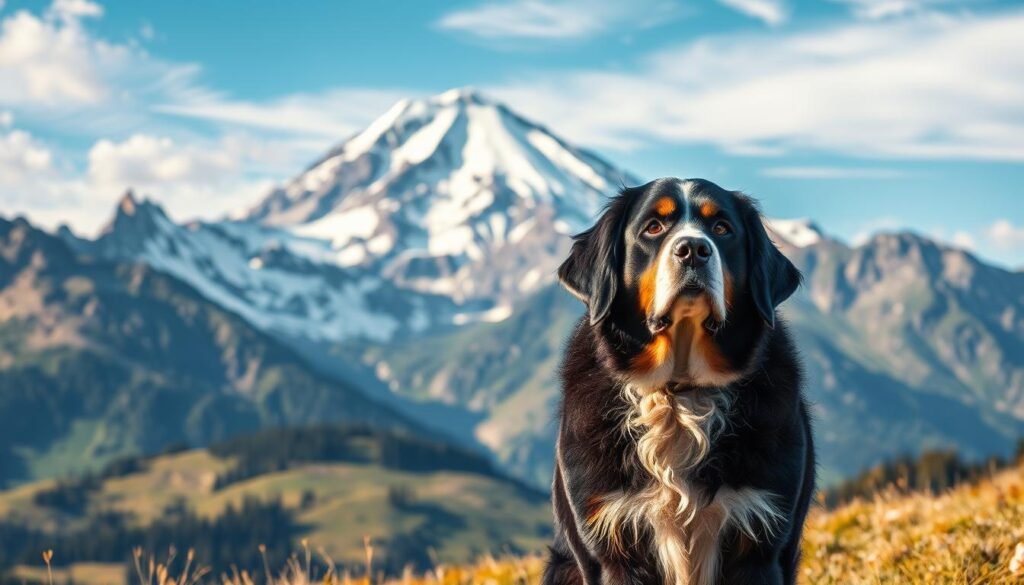 A majestic snow-capped peak rises against a backdrop of azure skies, its rugged slopes dotted with lush alpine meadows. In the foreground, a Bernese Mountain Dog, its thick black and white coat shimmering in the golden afternoon light, stands proudly, embodying the rich heritage of this breed forged in the heart of the Swiss Alps. The dog's alert gaze surveys the pristine landscape, a testament to its origins as a hardy working dog bred to navigate the treacherous terrain. A sense of timeless tranquility pervades the scene, capturing the essence of the Bernese Mountain Dog's enduring legacy in this breathtaking alpine setting.
