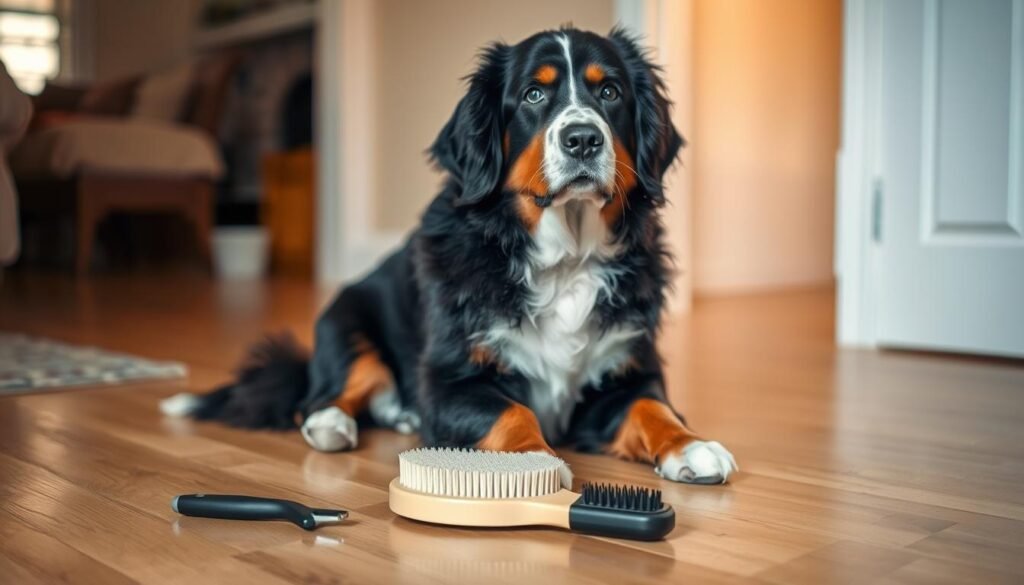 A neatly groomed Bernese Mountain Dog sitting on a wooden floor, its thick, lustrous coat reflecting the warm, diffused lighting of a cozy home interior. In the foreground, grooming tools and a brush lie arranged, symbolizing the care and attention required to manage shedding. The dog's alert, curious expression conveys the importance of regular grooming for the breed's health and appearance. The overall scene exudes a sense of tranquility and the close bond between pet and owner, highlighting the insights needed for responsible mini Bernese Mountain Dog ownership.