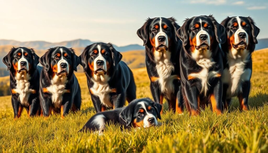 A pack of AKC registered Bernese Mountain Dogs standing proudly in a lush, grassy field. The foreground features three adult dogs with dense, shiny black, tan, and white coats, their alert expressions and muscular builds conveying their strength and intelligence. In the middle ground, a playful puppy rolls on the ground, its fluffy fur and boundless energy evoking the breed's gentle, affectionate nature. The background showcases rolling hills and a clear, blue sky, creating a picturesque, pastoral scene that highlights the Bernese Mountain Dog's origins in the Swiss Alps. Soft, warm lighting casts a golden glow, emphasizing the dogs' warm tones and the serene, welcoming atmosphere.