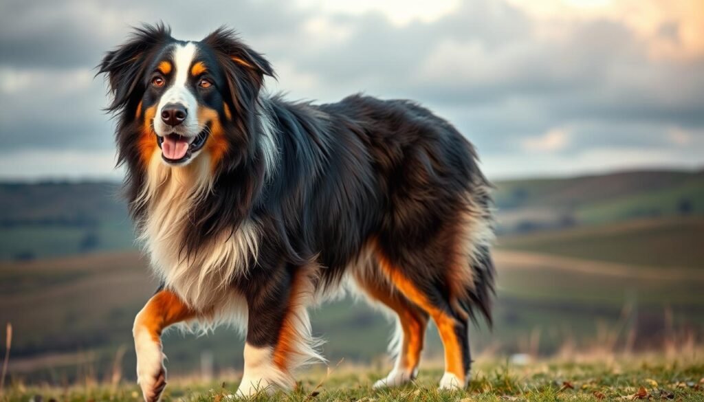 A playful and energetic hybrid dog, with a long, shaggy coat that blends the distinctive markings of a Bernese Mountain Dog and the collie's elegant features. The dog stands in a natural, relaxed pose, showcasing its muscular yet graceful build. Soft, warm lighting illuminates the dog's expressive eyes and fluffy fur, creating a sense of tranquility. The background is a serene, pastoral scene with rolling hills and a cloudy sky, evoking the breed's affinity for the outdoors. This image captures the essence of the Bernese Mountain Dog Collie mix - a loyal, intelligent, and affectionate companion.