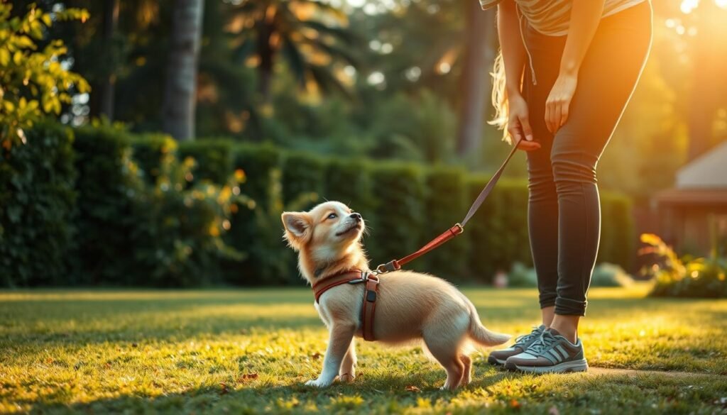 A playful puppy in a well-lit, spacious backyard, surrounded by lush greenery and tall trees. The puppy is wearing a harness and leash, engaged with a smiling human trainer who is guiding it through basic obedience commands. Warm, natural lighting casts a soft glow, creating a serene and welcoming atmosphere. The scene conveys a sense of positive reinforcement, patience, and the joy of bonding between a new puppy and its owner during the crucial training and socialization phase.