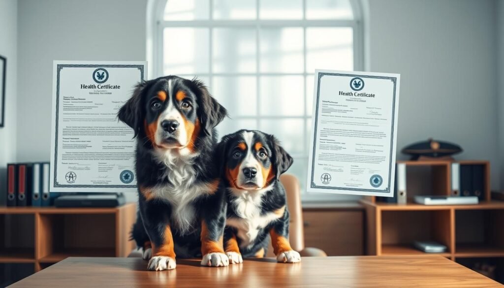 A pristine, well-lit document display showcasing official health certifications and test results. The certifications are prominently featured, their crisp, clean surfaces catching the soft, natural lighting from a large window. The background is a simple, minimalist office setting, with a wooden desk and shelves holding relevant medical files. The overall tone is one of professionalism, attention to detail, and a commitment to transparency and accountability in the health and wellness of Bernese Mountain Dog puppies.