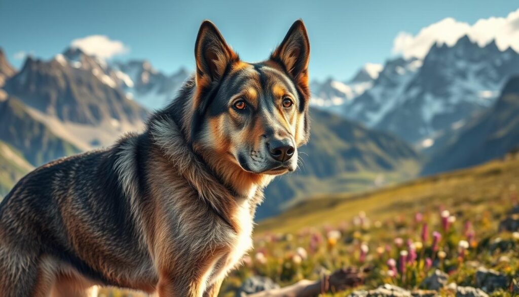A rugged Swiss Alpine working dog, standing proud in a majestic mountain landscape. Thick, weathered coat gleaming in the afternoon sunlight, muscles rippling beneath. In the foreground, the dog's intense gaze, eyes alert and watchful, conveying its heritage of herding, guarding, and pulling heavy loads through treacherous terrain. The middle ground reveals a picturesque alpine meadow, dotted with wildflowers and framed by towering, snow-capped peaks. A sense of timeless tradition and unforgiving natural beauty permeates the scene, captured with a wide-angle lens to emphasize the grandeur of this working dog's ancestral homeland.