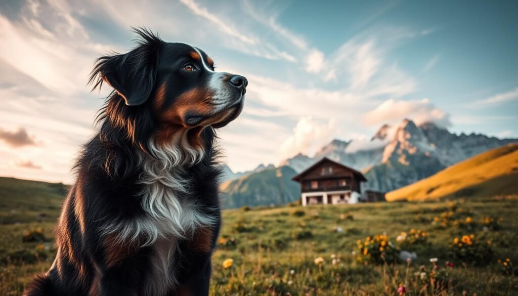 A rugged Swiss mountain farm, rolling green pastures dotted with wildflowers. In the foreground, a sturdy Bernese Mountain Dog, its thick coat shimmering in the golden afternoon light. The dog stands alert, its gaze fixed on the distant horizon, embodying the breed's unwavering loyalty and hardiness honed through generations of agricultural work. In the middle ground, a traditional wooden chalet nestled amidst towering peaks, its weathered facade a testament to the region's harsh winters. Wispy clouds drift overhead, casting soft shadows across the tranquil scene, evoking a sense of timeless alpine serenity. Wide-angle lens, natural lighting, low camera angle to emphasize the dog's noble presence.