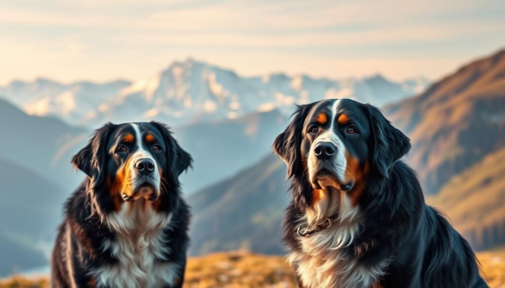 A serene alpine landscape, with majestic snow-capped peaks of the Swiss Alps in the distant background. In the foreground, a pair of Bernese Mountain Dogs, their thick, glossy coats and powerful builds reflecting their heritage as traditional working dogs of the region. The dogs are posed alertly, their gaze steady and watchful, embodying the hardiness and loyalty that made them invaluable companions to the alpine farmers and herders of the past. Soft, warm lighting filters through the crisp, clear air, casting a golden glow over the scene and evoking the timeless, rugged beauty of the Swiss Alps.