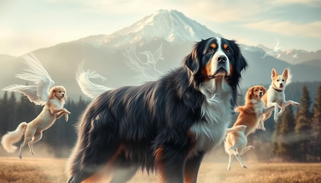 A serene collection of canine spirits, their ethereal forms dancing amidst a dreamlike landscape. In the foreground, a majestic Bernese Mountain Dog stands tall, its thick fur and soulful gaze capturing the essence of the breed. Surrounding it, wisps of energy and light swirl, each one a representation of a unique canine spirit. The middle ground features a tranquil forest setting, with soft lighting filtering through the trees, creating a sense of peace and contemplation. In the background, a breathtaking mountain range rises, its peaks capped with snow, adding to the sense of timelessness and connection to the natural world. The overall mood is one of reverence and celebration, honoring the deep bond between humans and their canine companions.