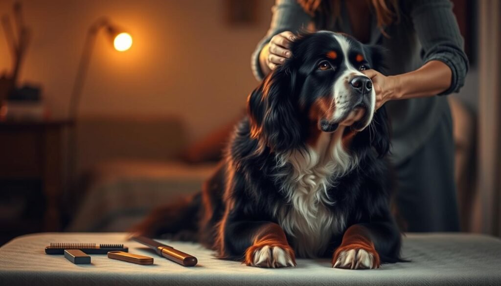 A serene, dimly-lit room with warm, soft lighting casts a gentle glow on a Bernese Mountain Dog's peaceful grooming routine. In the foreground, the large, fluffy canine sits patiently as a caring owner brushes its thick, lush coat with long, gentle strokes. The dog's eyes are calm and trusting, reflecting the bond between pet and human. In the middle ground, various grooming tools, such as a comb and a brush, are neatly arranged, conveying the attentive care and attention to detail. The background is blurred, creating a sense of intimacy and focus on the nurturing moment. The overall atmosphere is one of tranquility, trust, and the dedicated care for these gentle giants.
