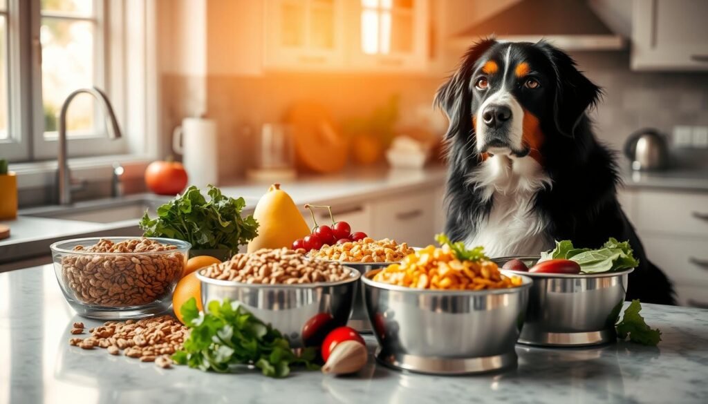 A serene kitchen counter, bathed in warm, natural light filtering through a nearby window. On the surface, an assortment of diverse, vibrant ingredients - various types of kibble, fresh fruits, and leafy greens. A Bernese Mountain Dog sits attentively, its intelligent gaze fixed on the rotating bowls, conveying the benefits of a varied, nutritious diet. The scene exudes a sense of harmony, reflecting the importance of rotational feeding to enhance the dog's overall well-being and vitality.