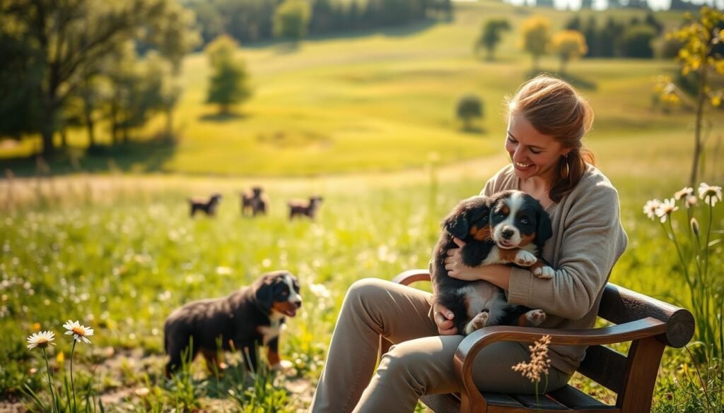 A serene, sun-dappled outdoor scene featuring a personalized Bernese Mountain Dog puppy selection process. In the foreground, a person sits on a cozy outdoor bench, examining a Bernese puppy cradled in their arms, a look of joy and connection on their face. The middle ground showcases a lush, grassy meadow dotted with wildflowers, where several Bernese puppies frolic and play. In the background, a rolling, tree-lined hillside creates a tranquil, pastoral atmosphere. The lighting is warm and soft, creating a sense of intimacy and comfort. The camera angle is slightly elevated, giving a sense of the personal, customized nature of the puppy selection experience.