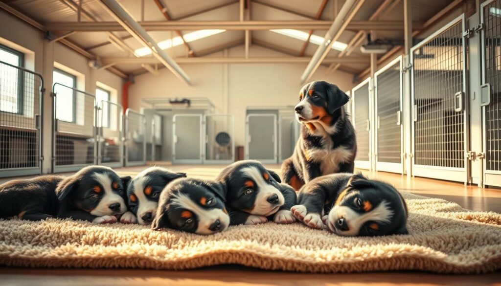 A serene, well-lit interior of a Bernese Mountain Dog breeder's facility. In the foreground, a litter of puppies playfully napping on a soft, plush blanket. The middle ground showcases a proud parent dog keeping a watchful eye, radiating a sense of tranquility and care. The background features modern, clean kennels and equipment, conveying a professional and ethical breeding environment. Warm, natural lighting filters through large windows, illuminating the scene with a cozy, inviting ambiance. The overall atmosphere exudes quality, attention to detail, and a genuine commitment to the well-being of these beloved Bernese Mountain Dog puppies.