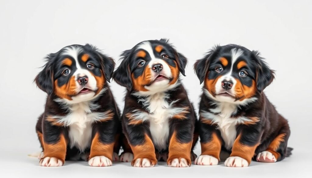 A serene, well-lit studio setting featuring a trio of adorable mini Bernese mountain dog puppy profiles, each showcasing their friendly expressions and fluffy coats. The puppies are positioned against a clean, neutral background, allowing their features and certifications to take center stage. Crisp, high-resolution details capture the puppies' endearing expressions, with soft, natural lighting illuminating their playful poses. The composition emphasizes the puppies' adorable and trustworthy demeanor, conveying the care and attention provided by responsible breeders.