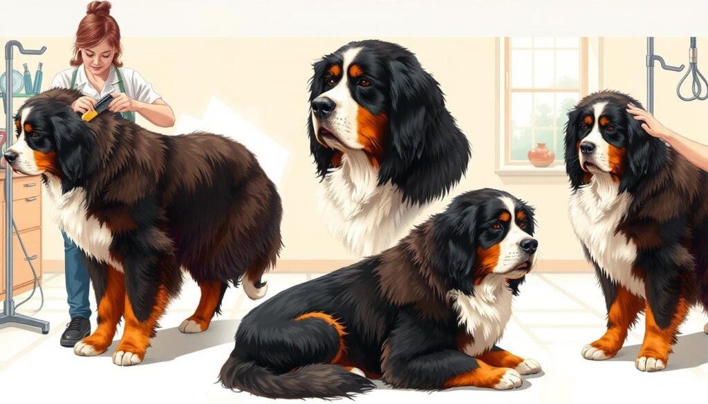 A series of detailed illustrations depicting the step-by-step grooming process for a Bernese Mountain Dog. The foreground shows a groomer carefully brushing and trimming the dog's thick, lush coat, with close-up views of the various tools and techniques used. The middle ground showcases the dog in different grooming positions, from standing to lying down, to capture the full workflow. The background features a bright, airy studio setting with natural lighting, highlighting the dog's beautiful colors and fur texture. The overall mood is one of professionalism and care, reflecting the specialized expertise required to properly groom this majestic breed.