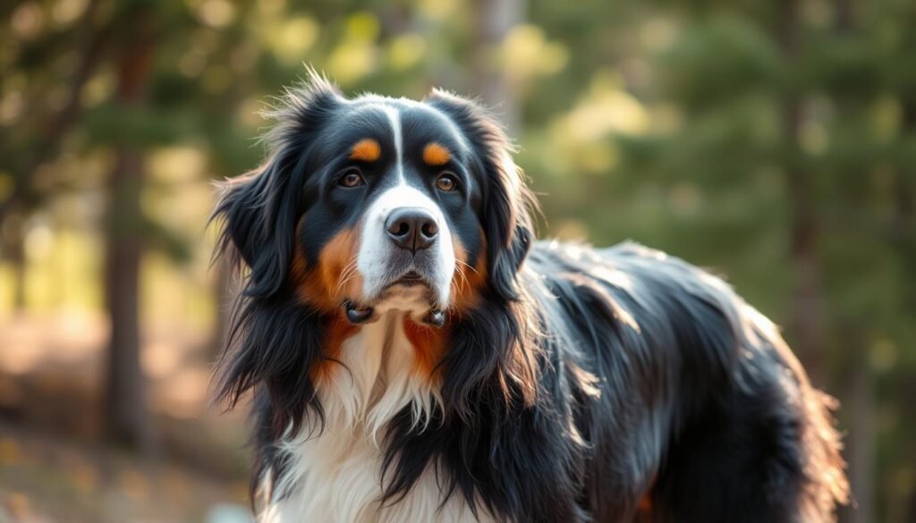 A sleek, well-groomed Bernese Mountain Dog with a lustrous, shiny coat stands in a warm, natural setting. Soft, diffused sunlight bathes the dog's fur, highlighting the healthy, vibrant hues of black, tan, and white. The dog's coat appears silky and well-maintained, with no signs of dullness or tangles. The dog's expression is calm and content, conveying the positive effects of proper coat care. In the background, a lush, verdant forest provides a serene, earthy backdrop, complementing the dog's rugged, mountain-dwelling nature.