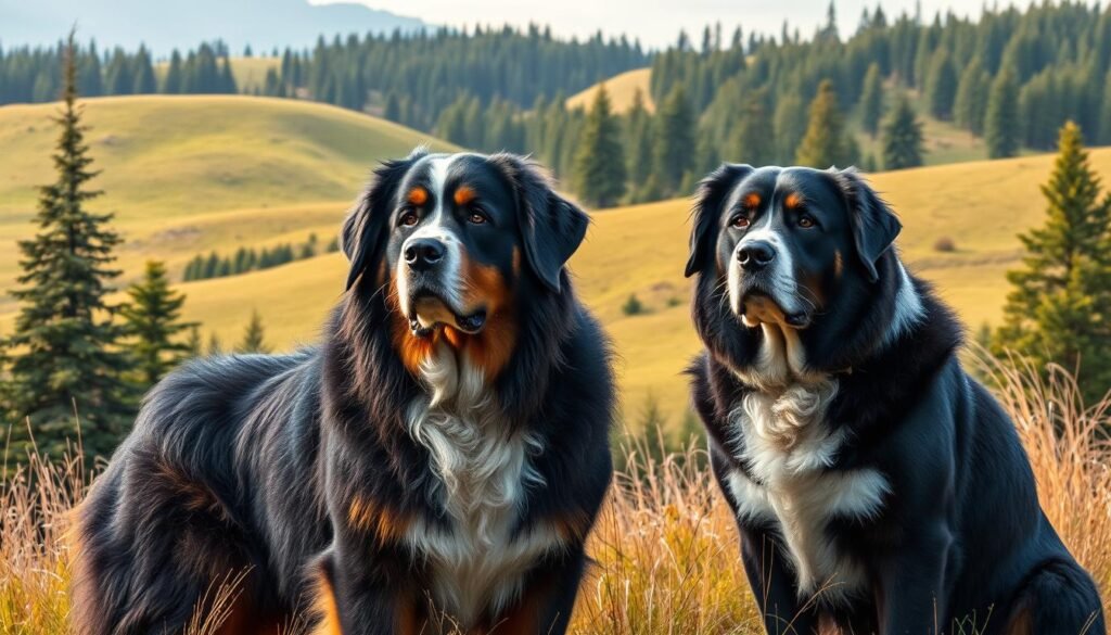 A tranquil outdoor scene depicting two large breed dogs, a Bernese Mountain Dog and a Greater Swiss Mountain Dog, in a natural setting. The dogs are showcased in the foreground, their powerful builds and thick coats capturing the essence of their breed characteristics. In the middle ground, a lush, verdant landscape with rolling hills and towering pine trees creates a serene backdrop. Soft, diffused natural lighting bathes the scene, highlighting the dogs' loyal expressions and the harmony between them. The overall mood conveys the importance of understanding the unique health needs and training requirements of these majestic canines.