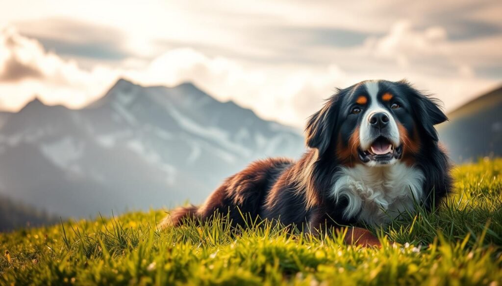 A tranquil scene of a Bernese Mountain Dog nestled in a lush, verdant meadow. The dog's dense, silky coat gleams in the warm, diffused sunlight filtering through wispy clouds. In the background, majestic snow-capped mountains rise, creating a serene Alpine landscape. The dog's friendly, alert expression conveys a sense of wellness and contentment, reflecting the breed's renowned gentle temperament and affinity for outdoor activities. Soft, muted tones and a shallow depth of field draw the viewer's attention to the dog's captivating features, emphasizing the importance of proper health and care for this large, active breed.