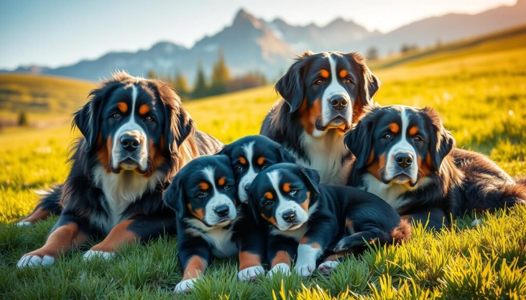 A tranquil scene of family-friendly Bernese Mountain Dogs relaxing in a lush, verdant meadow. The gentle giants are depicted with their thick, lustrous coats and soulful eyes, exuding a sense of calmness and affection. The lighting is soft and natural, casting a warm glow across the scene. In the middle ground, two Bernese puppies playfully tumble and nuzzle, showcasing their endearing and easygoing temperament. In the background, a picturesque mountain range stands tall, creating a serene and picturesque setting. The overall atmosphere conveys the breed's renowned characteristics of loyalty, intelligence, and gentle disposition, making them ideal family companions.