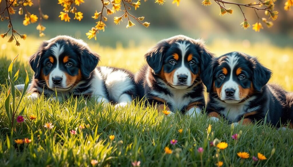 A tranquil scene of three Bernese Mountain Dog puppies lounging in a sun-dappled meadow. Soft, fluffy fur in shades of black, white, and brown. Soulful eyes and gentle expressions exude an aura of warmth and affection. The puppies recline on a plush carpet of lush green grass, surrounded by vibrant wildflowers. Delicate streams of light filter through swaying branches, casting a hazy, golden glow over the peaceful tableau. A sense of calm and serenity pervades the setting, inviting the viewer to bask in the simple joy of these gentle giant puppies.