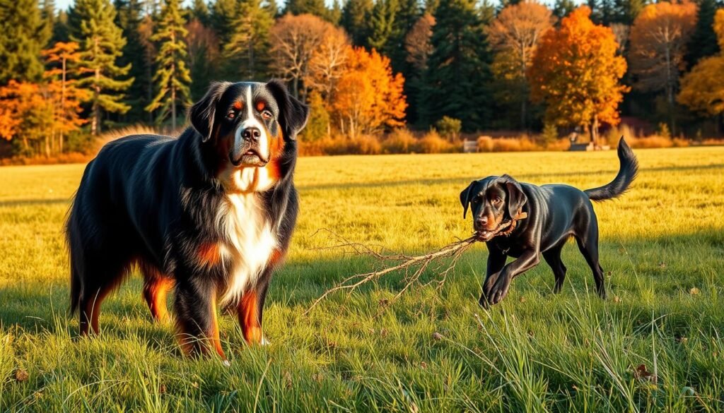 A tranquil, sunlit meadow on a crisp autumn day, with a majestic Bernese Mountain Dog standing proudly in the foreground, its thick, lustrous coat reflecting the warm sunlight. In the middle ground, a playful Labrador Retriever retrieves a fallen branch, its sleek, black fur contrasting with the lush, green grass. In the background, a dense forest of towering pines and vibrant foliage, hinting at the rich history and origins of these beloved canine companions. The scene is captured with a shallow depth of field, emphasizing the interplay of these two iconic breeds and their shared legacy.