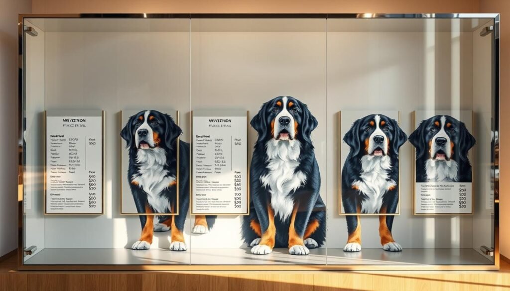 A transparent, glass-encased display showcasing intricate pricing details for a collection of handcrafted Bernese Mountain Dog art. The foreground features a minimalist design with sleek, chrome frames highlighting the pricing information. The middle ground depicts the artwork itself, each piece meticulously rendered with lifelike precision and vibrant colors. The background subtly blends a soft, muted gradient, creating a sense of depth and emphasis on the central focus. The overall composition is illuminated by warm, natural lighting, casting a welcoming, inviting atmosphere. The entire scene conveys a sense of professionalism, transparency, and attention to detail, perfectly suited to illustrate the "Navigating Pricing: Original, Current & Transparent Details" section.