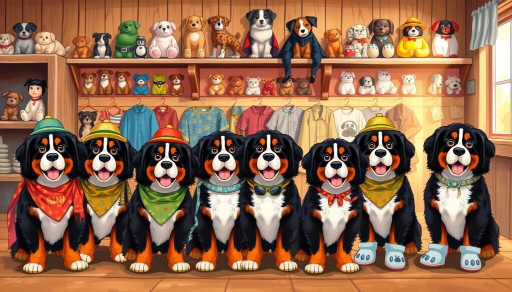 A vibrant, detailed illustration showcasing a variety of custom Bernese Mountain Dog mascot options, set against a warm, inviting backdrop. In the foreground, several playful, well-groomed Bernese Mountain Dog figurines wearing an assortment of accessories - bandanas, hats, scarves, and even a pair of miniature sunglasses. The middle ground features a diverse selection of costume pieces, such as colorful capes, themed collars, and paw-printed booties. The background depicts a cozy, rustic setting, with wooden shelves displaying an array of decorative dog-themed trinkets and toys, bathed in soft, natural lighting. The overall scene exudes a sense of charming, personalized style, perfectly suited for customizing a beloved Bernese Mountain Dog mascot.