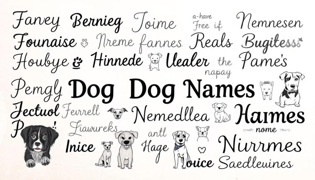A visually striking collage showcasing an array of trendy and timeless dog names against a soft, pastel-hued background. The foreground features a diverse selection of stylized typographic treatments, each name presented in a unique and eye-catching manner, ranging from playful cursive to bold, modern sans-serif. In the middle ground, delicate, hand-drawn illustrations of various dog breeds - from the regal Bernese Mountain Dog to the spirited pup - lend an organic, artisanal touch. The background is a subtle gradient, evoking a sense of tranquility and timelessness, allowing the vibrant names and illustrations to take center stage. The overall mood is one of whimsy, creativity, and an appreciation for the beloved canine companions that enrich our lives.