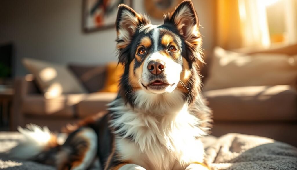 A warm and affectionate Bernese Mountain Dog and Husky hybrid sitting in a cozy, sun-dappled living room. The dog's large, expressive eyes convey a gentle, loving gaze, and its fluffy, multicolored coat is meticulously groomed. The dog's body language is relaxed and inviting, with its head tilted slightly and its tail wagging softly. Subtle highlights from the natural lighting create a sense of warmth and intimacy, while the background features a blend of soft, muted tones and textures that complement the dog's features. The overall scene evokes a sense of comfort, companionship, and the endearing personality traits shared by these two popular dog breeds.