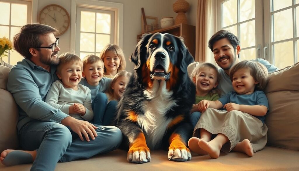 A warm, inviting family living room with a large Bernese Mountain Dog nestled comfortably among a group of children and adults. The dog's friendly expression and gentle demeanor convey a sense of security and companionship. Soft, natural lighting filters through large windows, casting a soothing glow on the scene. The room is decorated with earthy tones and rustic accents, creating a cozy, harmonious atmosphere. The family members are engaged in playful interaction, their body language and facial expressions reflecting the joy and comfort of this peaceful domestic setting. The Bernese Mountain Dog serves as the centerpiece, seamlessly integrated into the family dynamic, highlighting the breed's innate ability to be a loyal, affectionate, and protective companion.