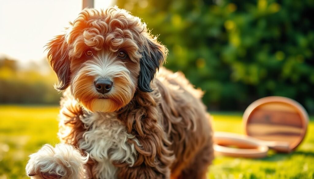 A well-groomed Bernedoodle with a thick, luscious coat in a warm, natural lighting. In the foreground, the dog's paws are neatly trimmed, and its face is gently framed by its wavy, curly fur. The middle ground showcases the dog's full body, the soft, fluffy texture of its coat accentuated by the gentle shadows. In the background, a tranquil outdoor setting with lush greenery and a hint of a wooden brush or comb, symbolizing the care and attention required to maintain the Bernedoodle's coat. The overall scene conveys a sense of peaceful, attentive grooming, reflecting the importance of proper coat care for this hybrid breed.